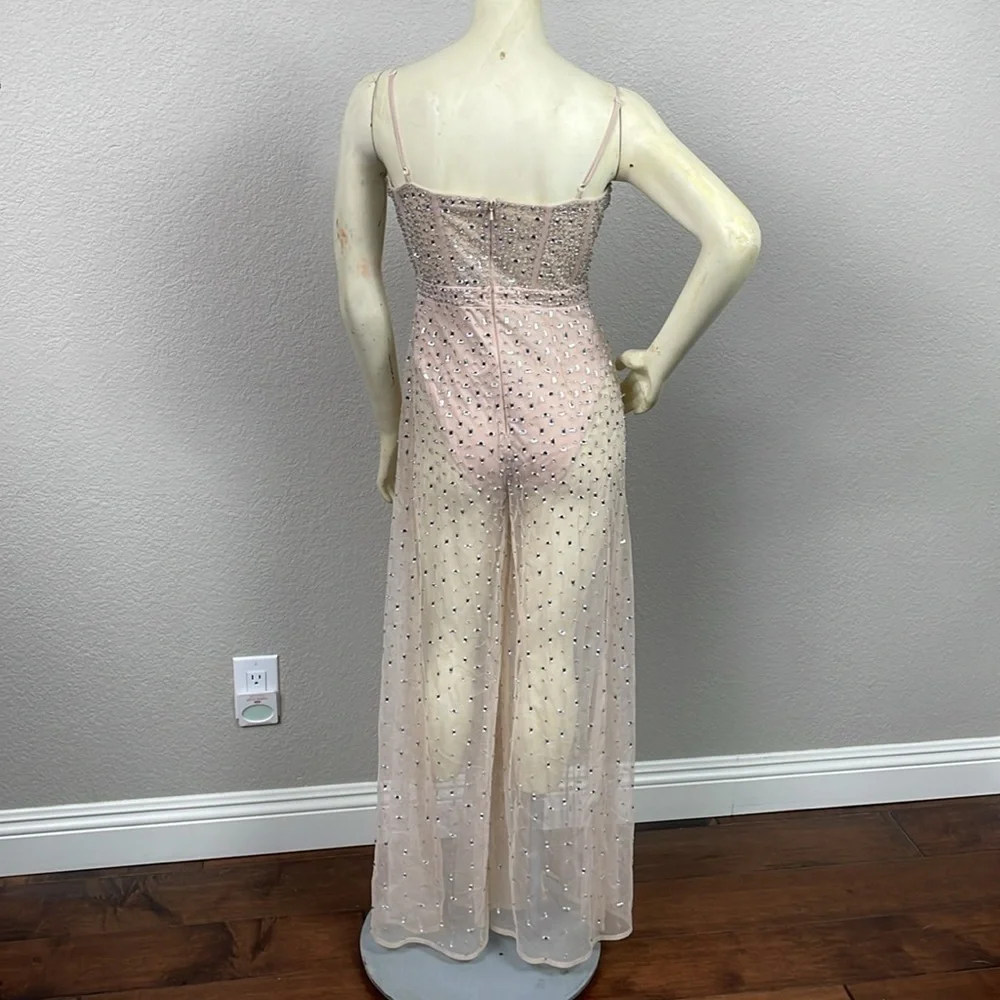 NWT Mac Duggal Sheer Nude Beaded Corset Bodysuit Jumpsuit Wide Leg Sample Sz 2